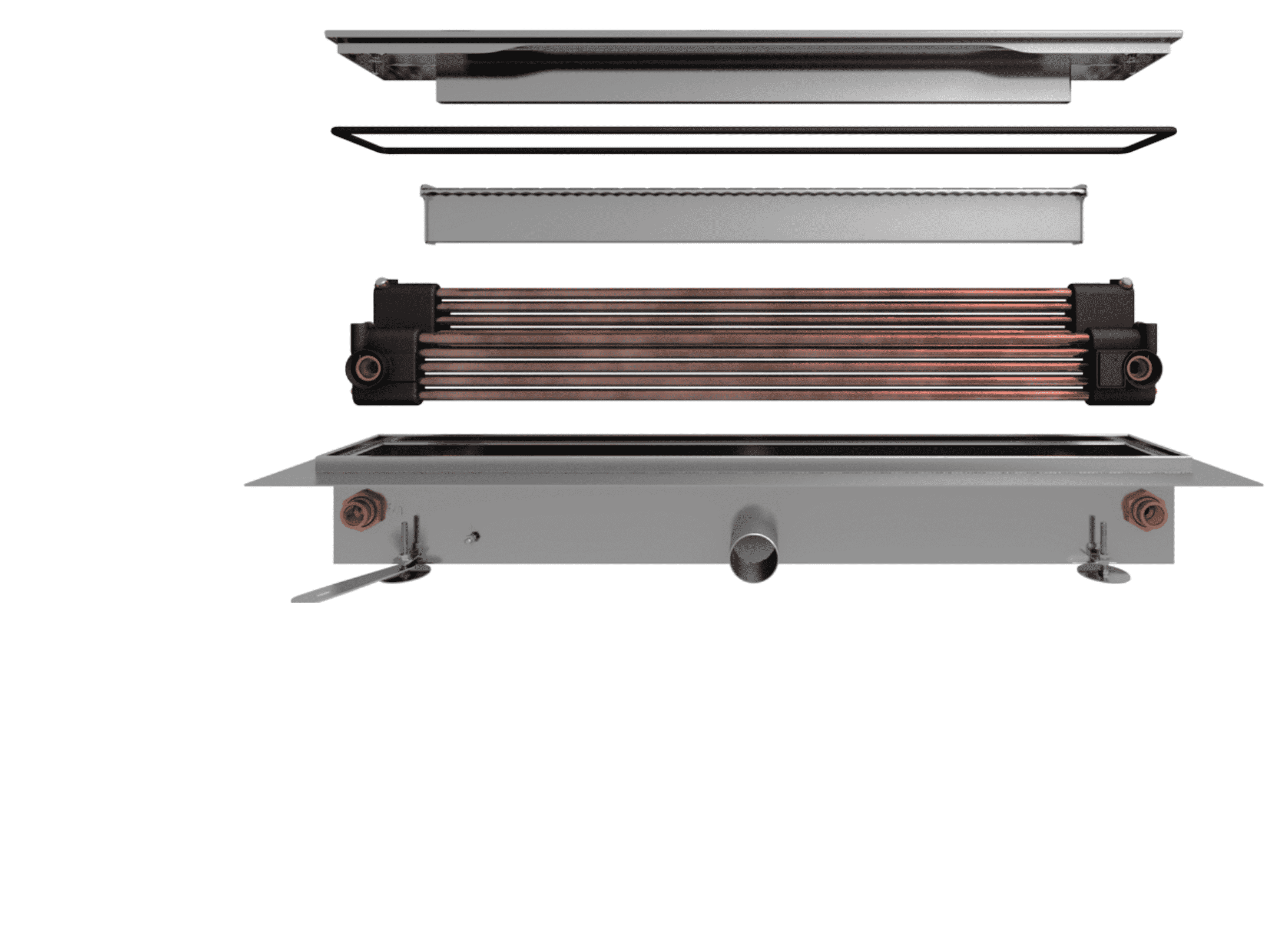 Explosionsdarstellung einer 10-Rohr Duschrinne mit integriertem Wärmetauscher, bestehend aus Abdeckung, Siphon, Kupfer-Wärmetauscherrohren und Ablaufkörper zur Wärmerückgewinnung beim Duschen