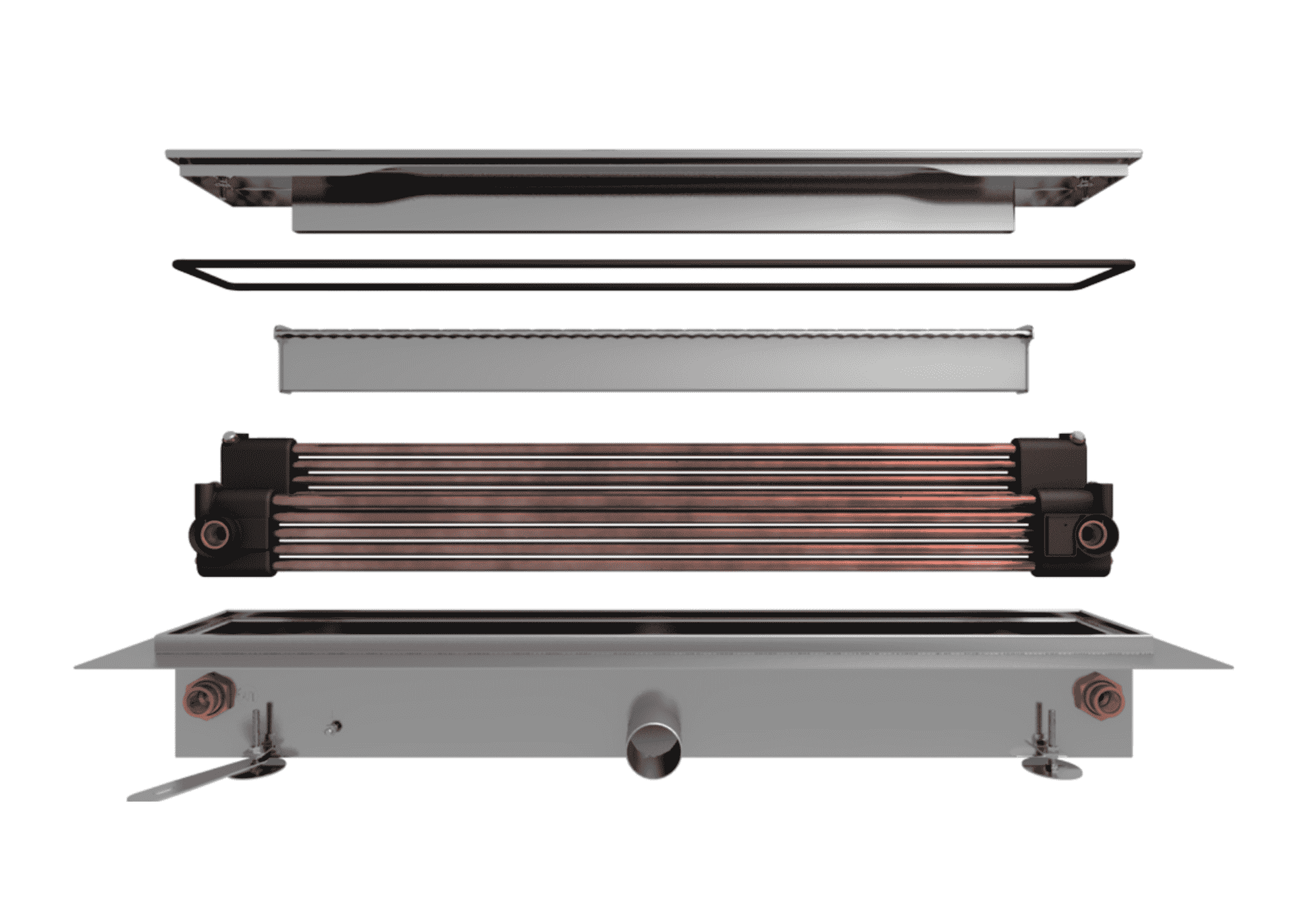 Explosionsdarstellung einer 10-Rohr Duschrinne mit integriertem Wärmetauscher, bestehend aus Abdeckung, Siphon, Kupfer-Wärmetauscherrohren und Ablaufkörper zur Wärmerückgewinnung beim Duschen.