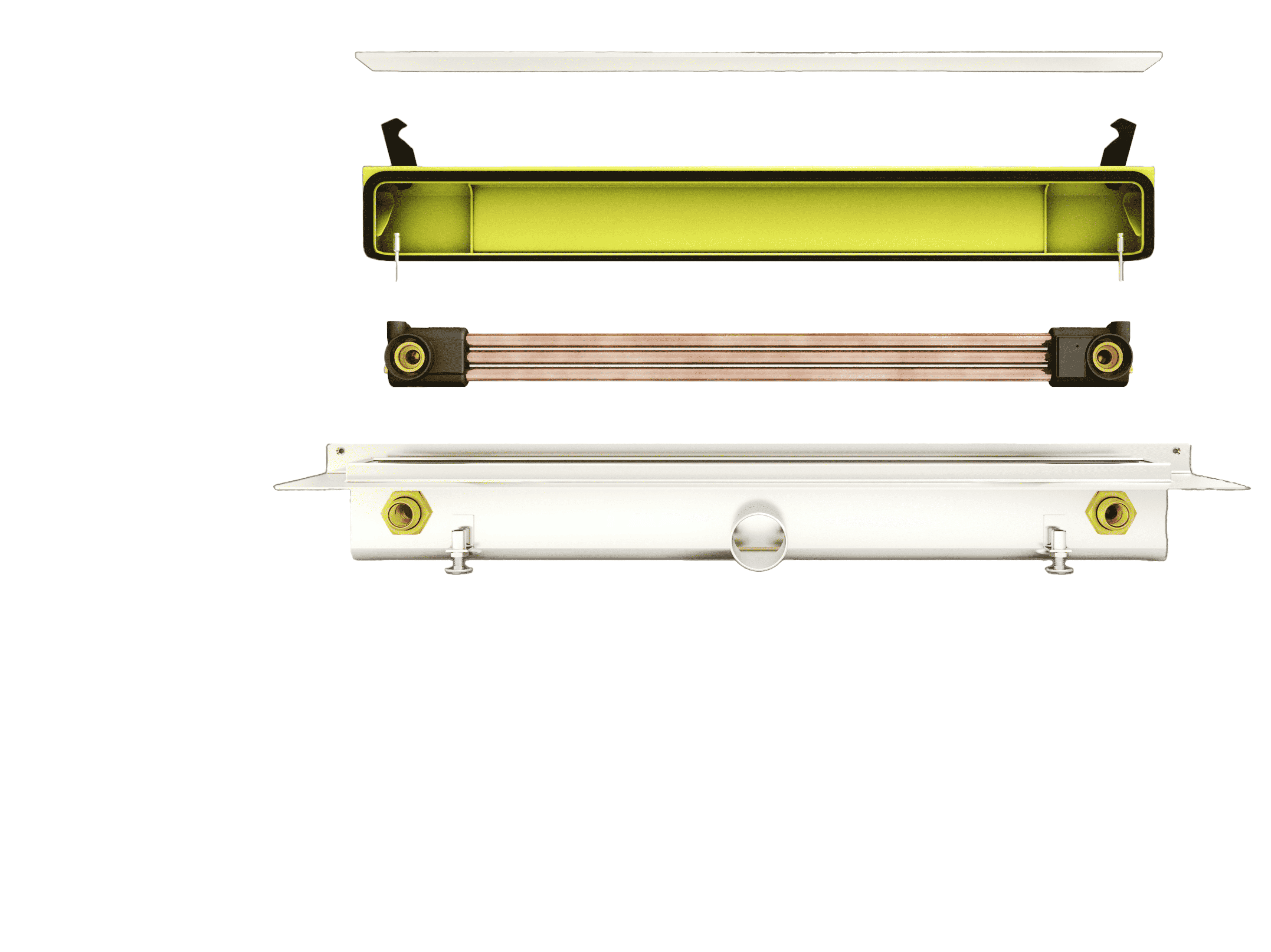 Explosionsdarstellung einer 3-Rohr Duschrinne mit integriertem Wärmetauscher, bestehend aus Abdeckung, Siphon, Kupfer-Wärmetauscherrohren und Ablaufkörper zur Wärmerückgewinnung beim Duschen