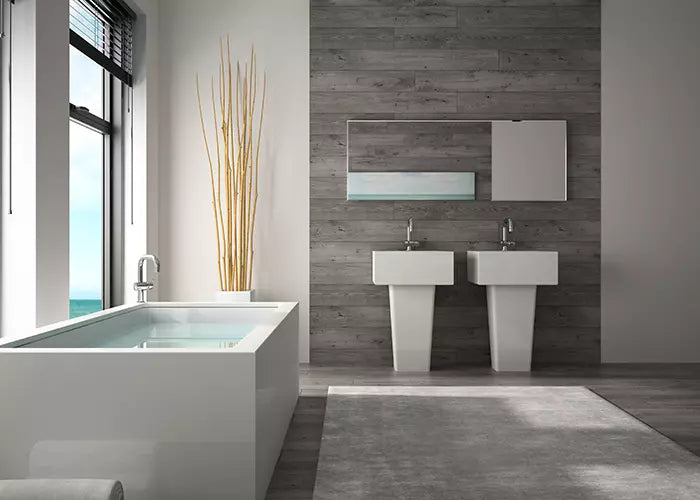 3D-Visualisierung eines modernen Badezimmers mit Badewanne, Doppelwaschtisch und klarer Gestaltung als Beispiel professioneller Badplanung der Schmidt-Bad-Heizung GmbH
