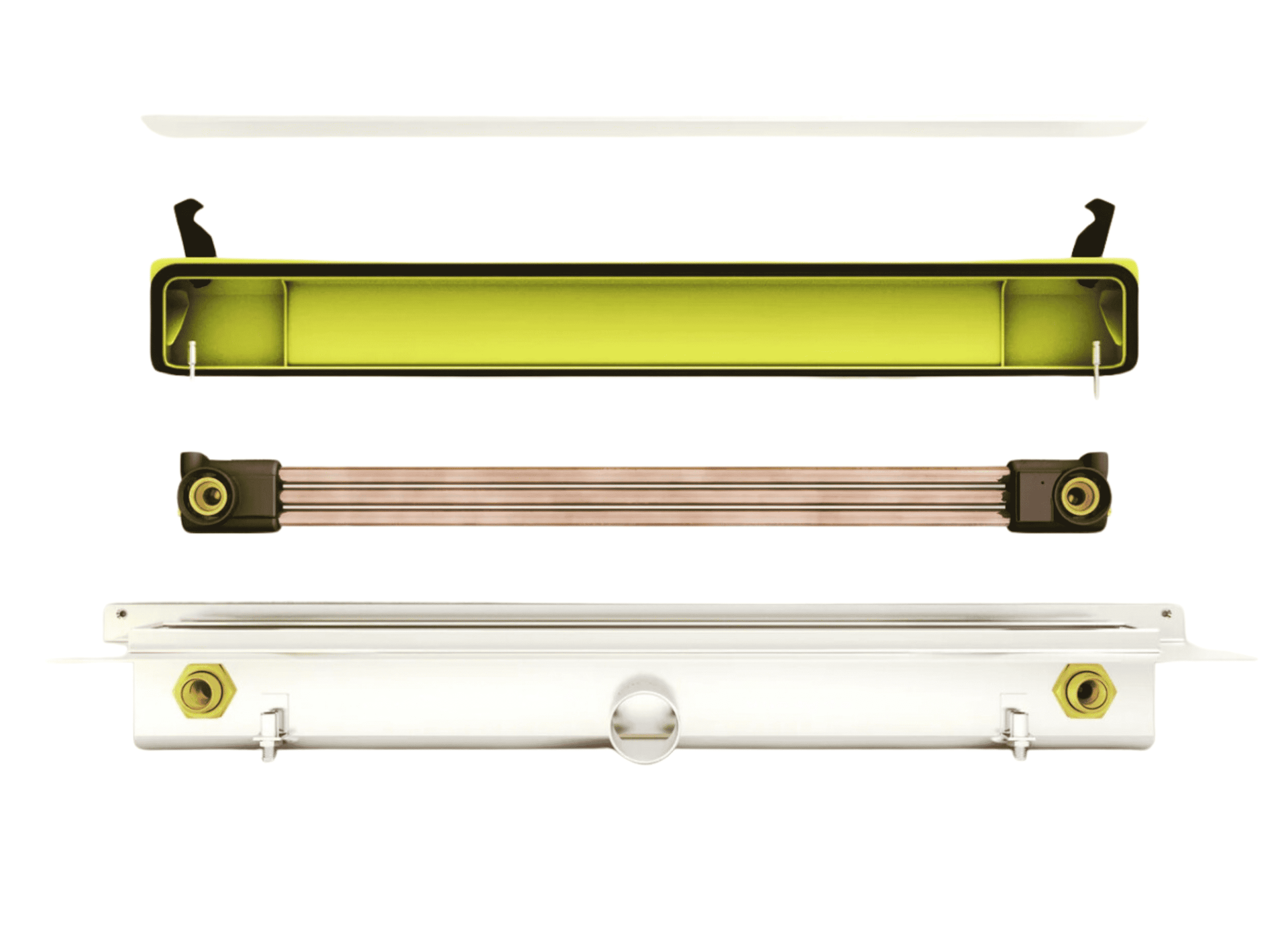 Explosionsdarstellung einer 3-Rohr Duschrinne mit integriertem Wärmetauscher, bestehend aus Abdeckung, Siphon, Kupfer-Wärmetauscherrohren und Ablaufkörper zur Wärmerückgewinnung beim Duschen.