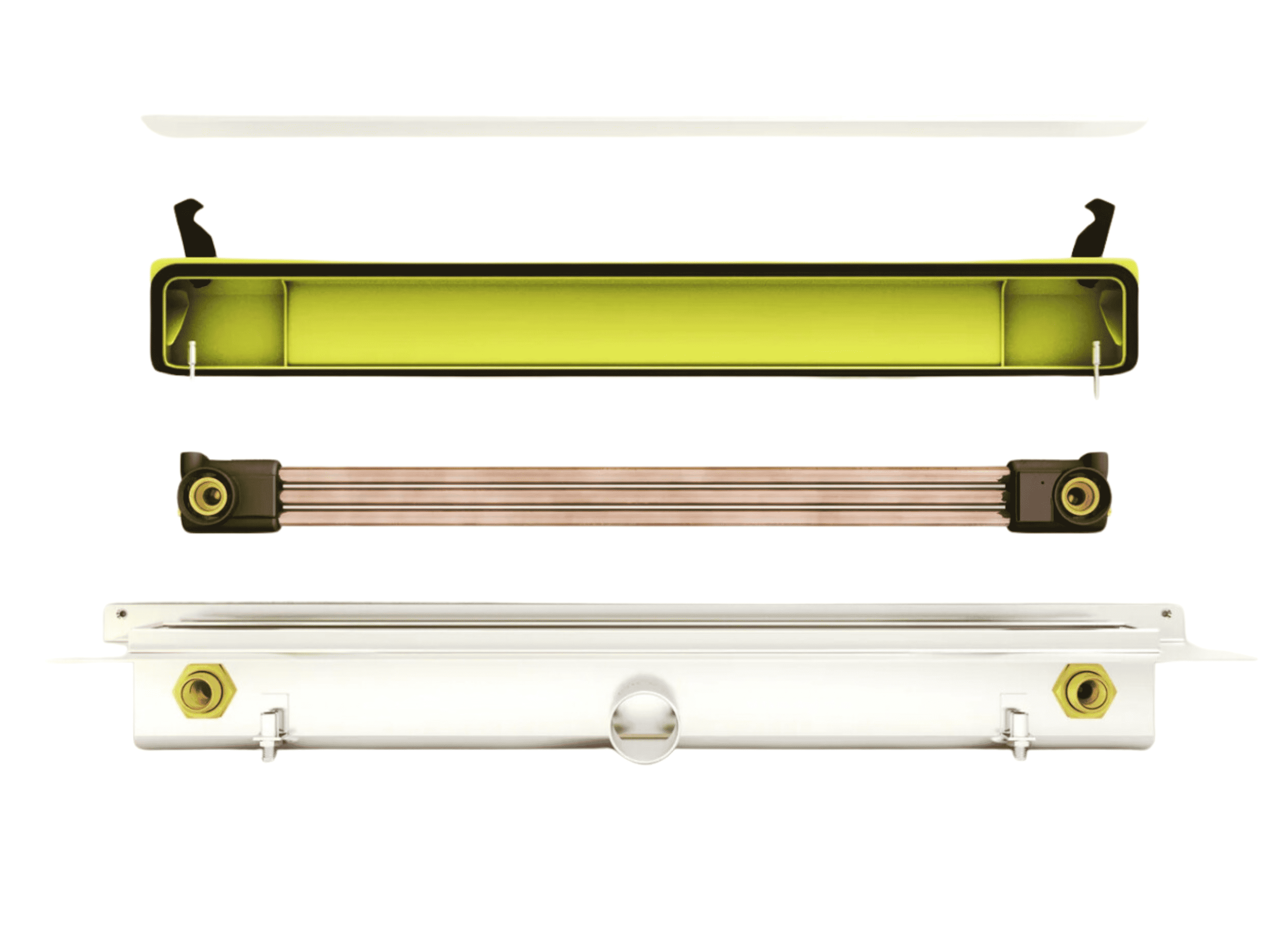 Explosionsdarstellung einer 3-Rohr Duschrinne mit integriertem Wärmetauscher, bestehend aus Abdeckung, Siphon, Kupfer-Wärmetauscherrohren und Ablaufkörper zur Wärmerückgewinnung beim Duschen.