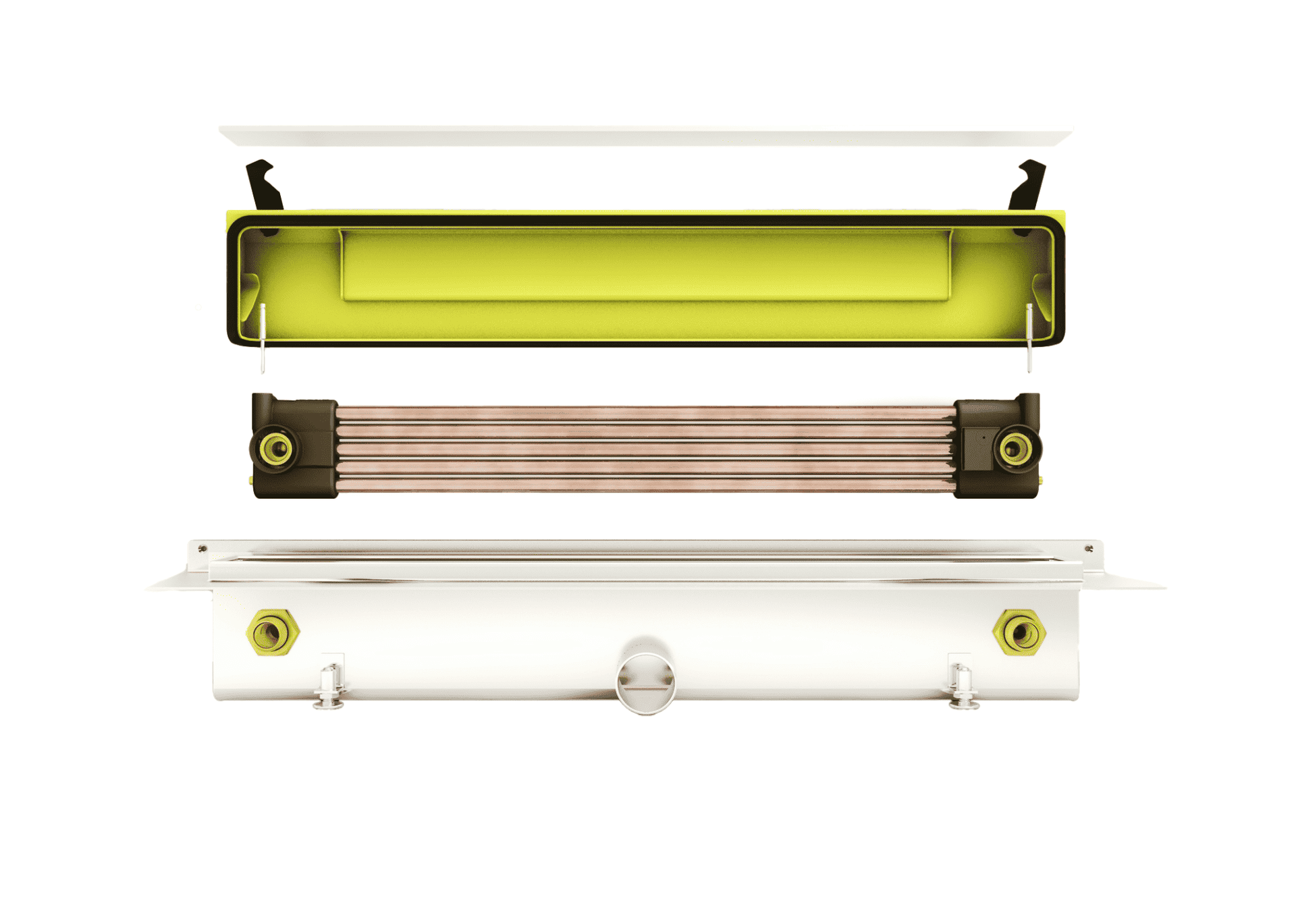 Explosionsdarstellung einer 5-Rohr Duschrinne mit integriertem Wärmetauscher, bestehend aus Abdeckung, Siphon, Kupfer-Wärmetauscherrohren und Ablaufkörper zur Wärmerückgewinnung beim Duschen.