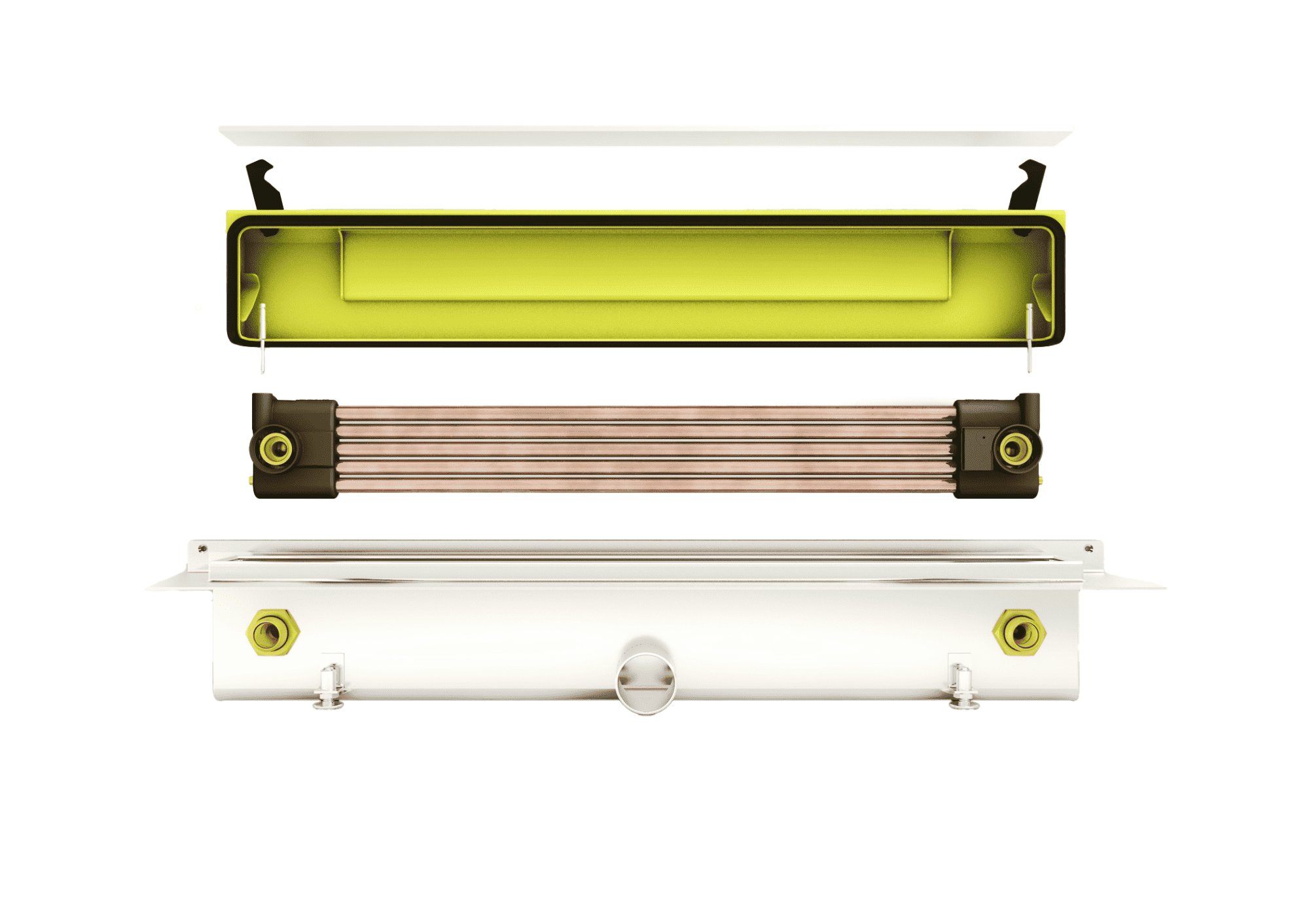 Explosionsdarstellung einer 5-Rohr Duschrinne mit integriertem Wärmetauscher, bestehend aus Abdeckung, Siphon, Kupfer-Wärmetauscherrohren und Ablaufkörper zur Wärmerückgewinnung beim Duschen.