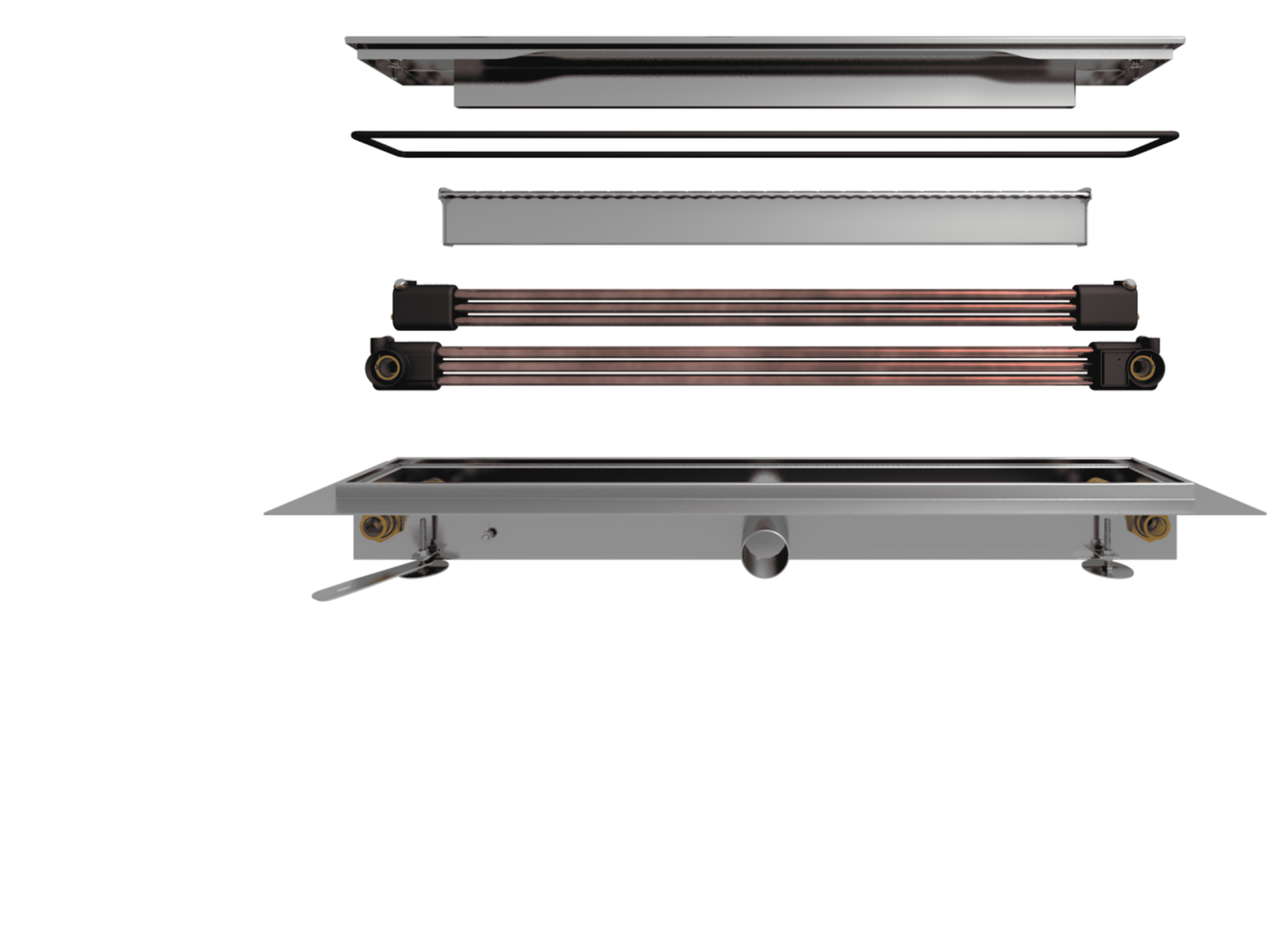 Explosionsdarstellung einer 6-Rohr Duschrinne mit integriertem Wärmetauscher, bestehend aus Abdeckung, Siphon, Kupfer-Wärmetauscherrohren und Ablaufkörper zur Wärmerückgewinnung beim Duschen