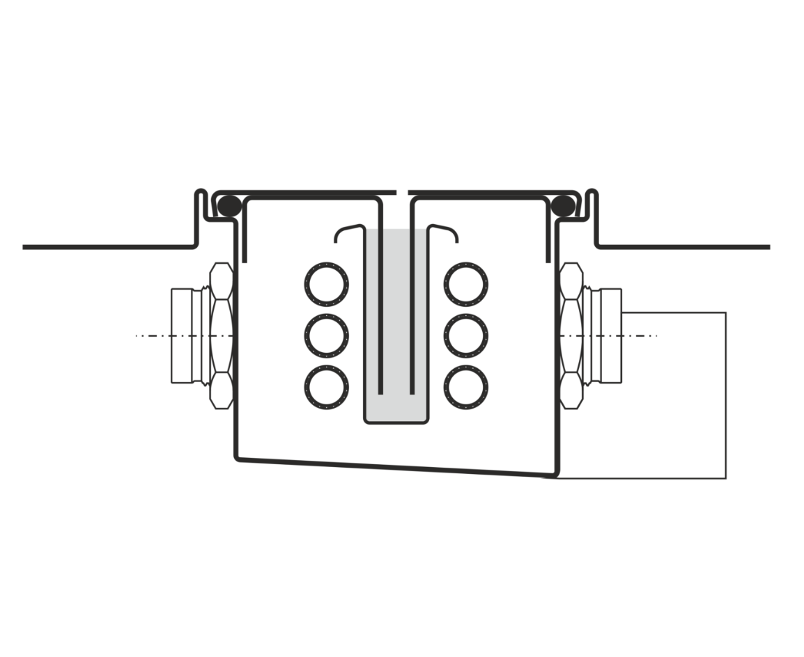 Schematische Zeichnung der Duschrinne mit integriertem Wärmetauscher, die den Abfluss des Duschwassers und die parallel geführten Wärmetauscherrohre zeigt
