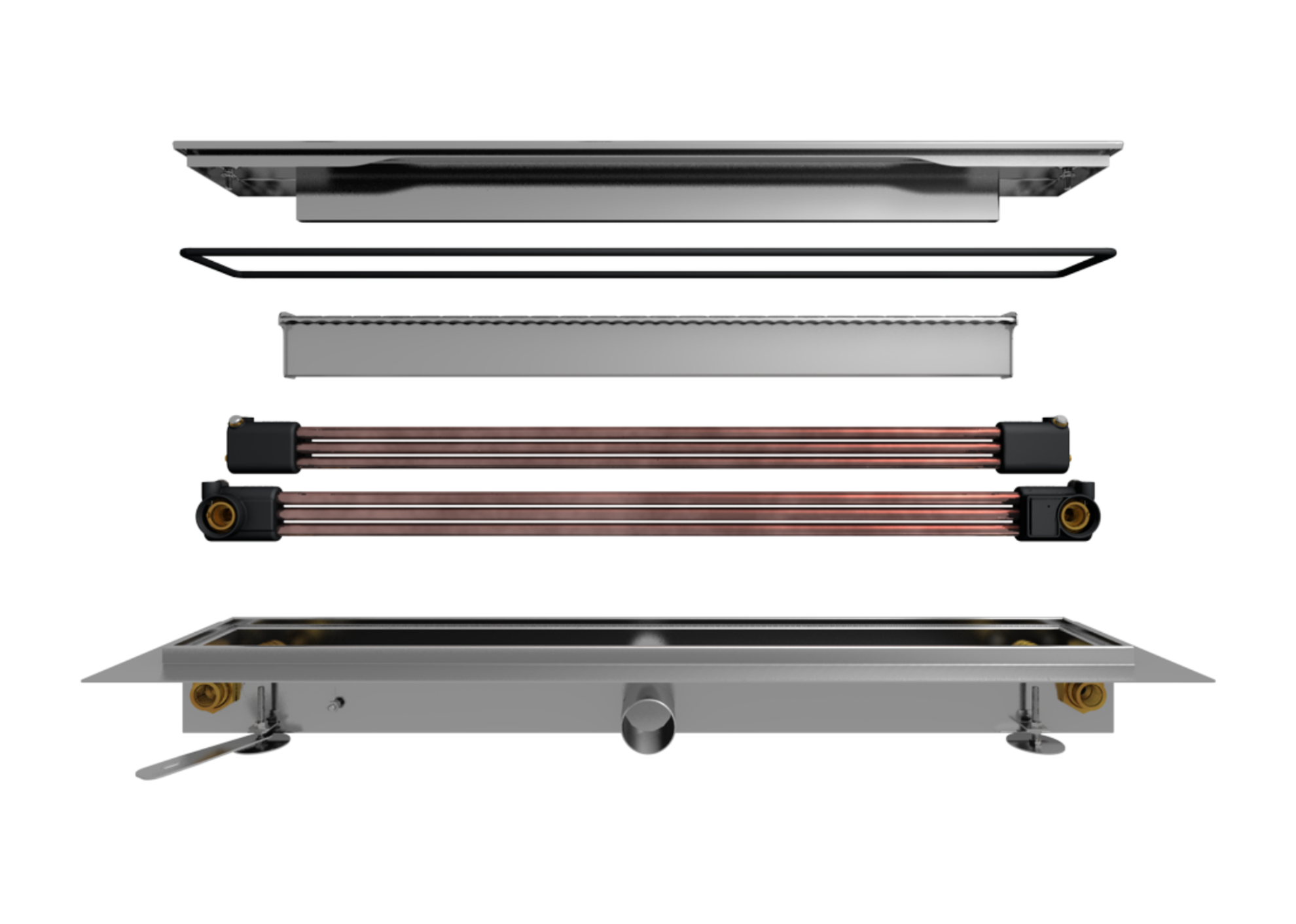 Explosionsdarstellung einer 6-Rohr Duschrinne mit integriertem Wärmetauscher, bestehend aus Abdeckung, Siphon, Kupfer-Wärmetauscherrohren und Ablaufkörper zur Wärmerückgewinnung beim Duschen