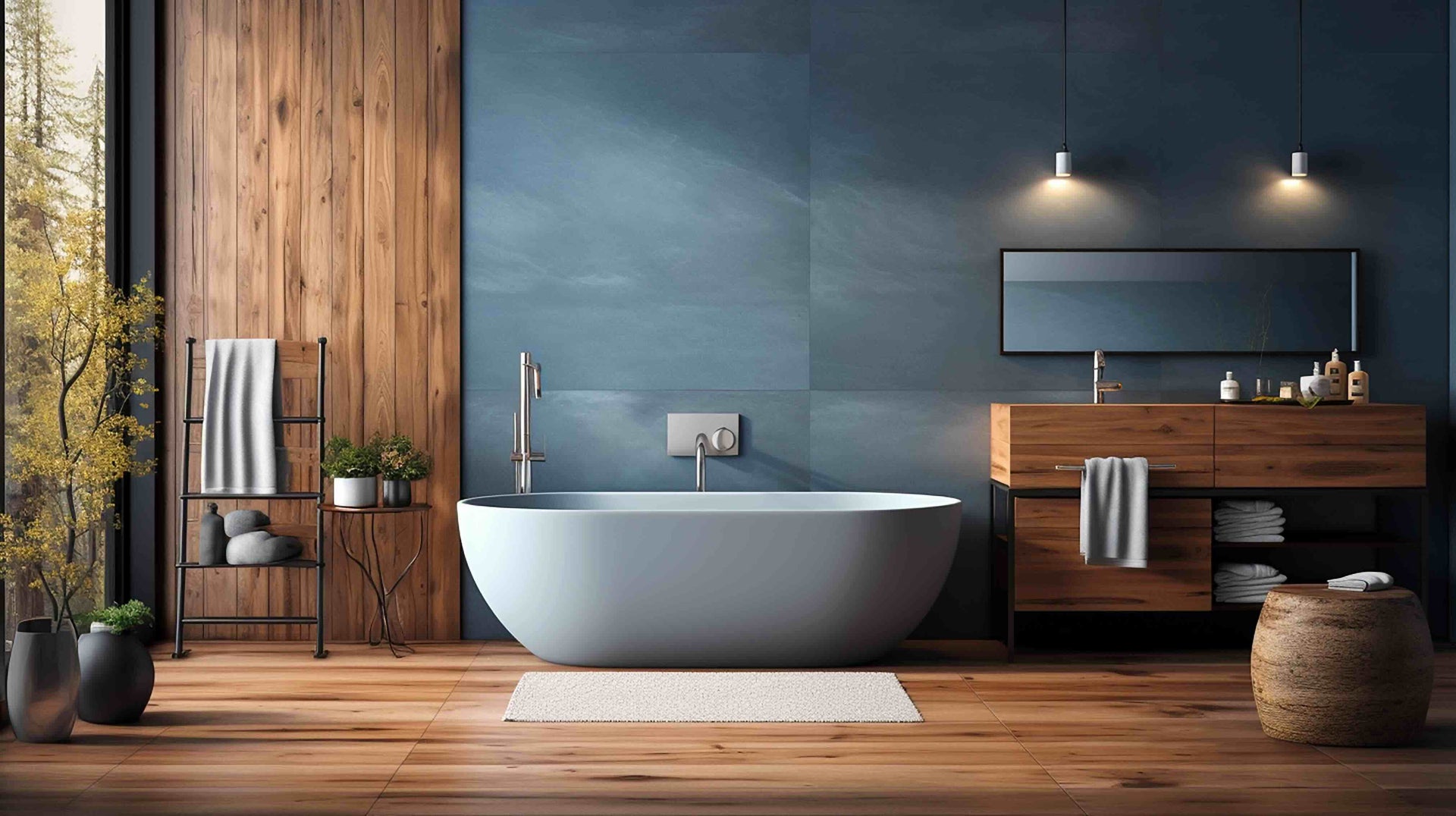 Modernes Badezimmer mit freistehender Badewanne, Holzdetails und großformatigen Wandfliesen – Beispiel für stilvolle Badgestaltung und funktionale Badplanung durch ThermaSchick mit Fokus auf Design, Komfort und langlebige Materialien.