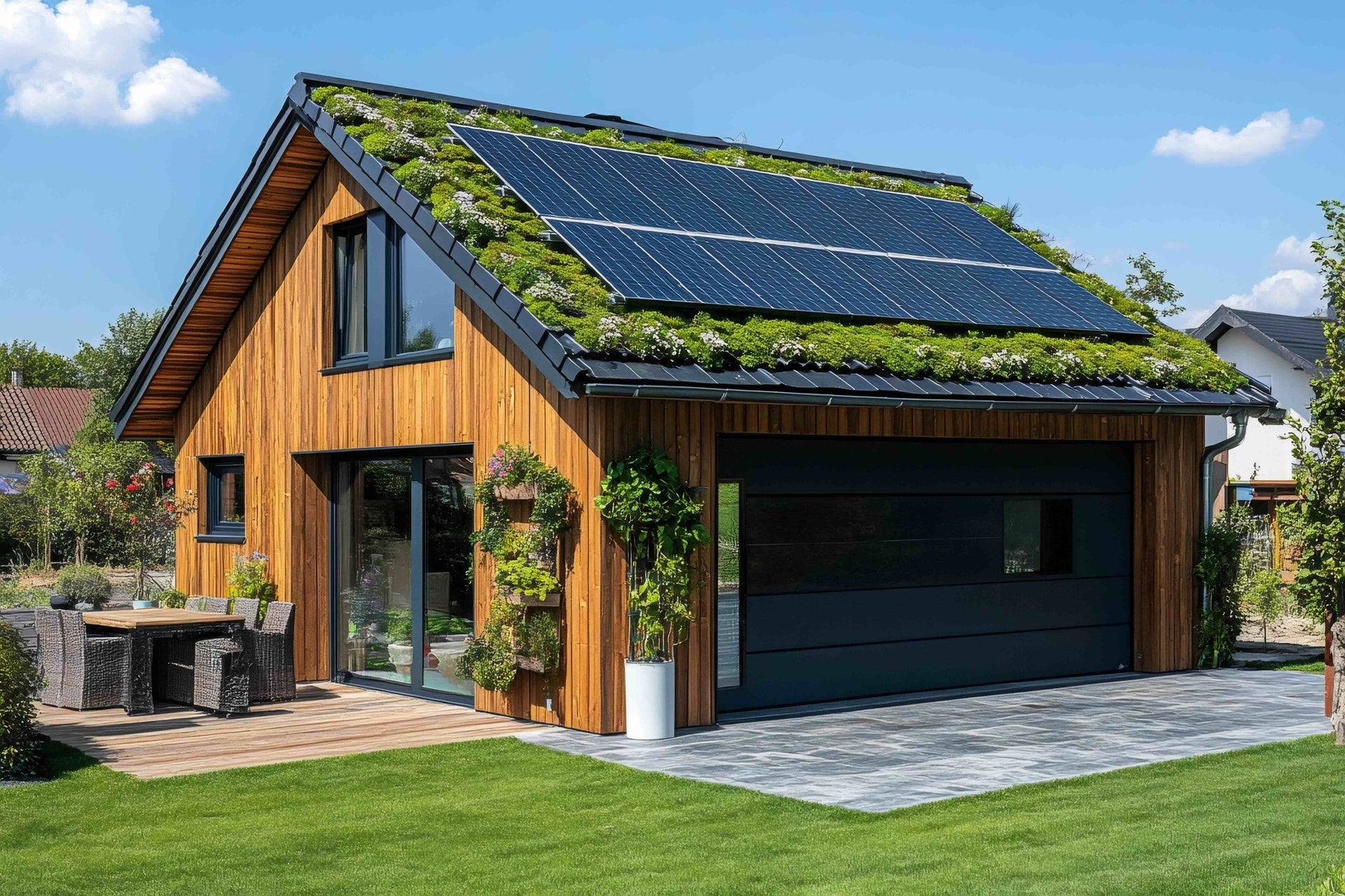 Modernes, energieeffizientes Wohnhaus mit Solaranlage und begrüntem Dach als Symbol für die Leistungen der Energieberatung Göhl rund um Energieausweise, individuelle Sanierungsfahrpläne (iSFP) und Fördermittelberatung.