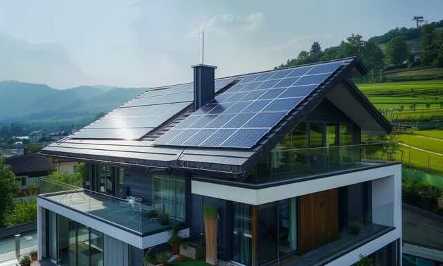 Wohngebäude mit Photovoltaikanlage als Symbol für die Erstellung von Energieausweisen durch die dein Energiewerk GmbH, die für Gebäude erforderlich sind, die auf übliche Temperaturen beheizt werden und einen rechtssicheren Nachweis der energetischen Qualität benötigen