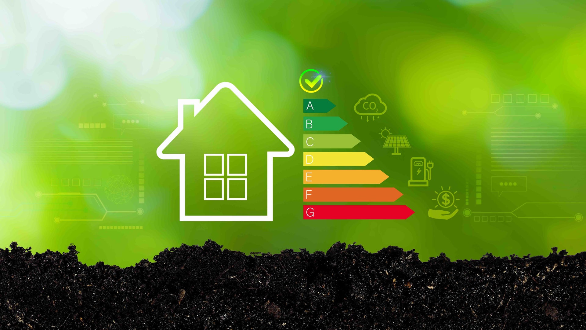 Symbolgrafik eines Hauses mit Energieeffizienzskala zur Darstellung professioneller Energieberatung und energetischer Bewertung von Gebäuden