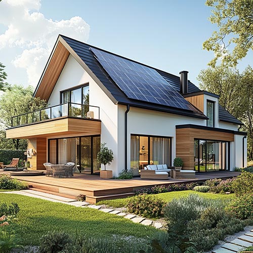 Energieeffizientes Wohngebäude mit Photovoltaikanlage als Beispiel für die Baubegleitung eines Effizienzhauses und von BEG-Einzelmaßnahmen durch die e0 Energiekonzepte GmbH im Rahmen energieeffizienter Sanierungs- und Neubauprojekte