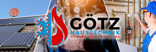 Bildcollage von Photovoltaikanlage, Heizungs- und Sanitärtechnik sowie einem SHK-Fachhandwerker zur Darstellung moderner Haustechniklösungen von Götz Haustechnik