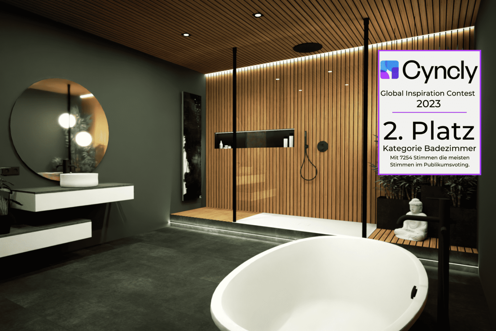 3D-Visualisierung eines modernen Badezimmers mit freistehender Badewanne, bodengleicher Dusche und Holzakzenten als Beispiel präziser Badplanung