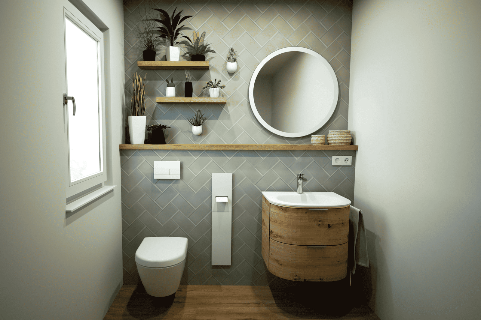 Modernes Badezimmer mit Holzwaschtisch, rundem Spiegel und klarer Gestaltung als Beispiel für individuelle, durchdachte Badplanung