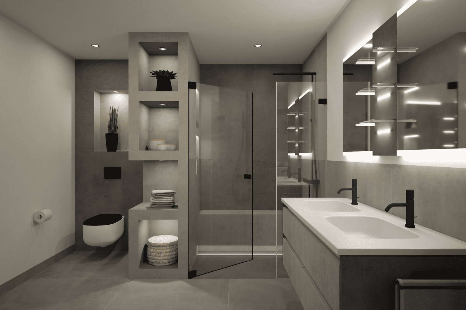 3D-Visualisierung eines modernen Badezimmers mit bodengleicher Dusche, klaren Linien und funktionalem Stauraum als Beispiel individueller Badplanung