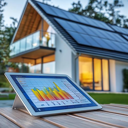 Energieeffizientes Wohnhaus mit Photovoltaikanlage und digitaler Energieanalyse auf einem Tablet als Beispiel für nachhaltige Energiekonzepte der e0 Energiekonzepte GmbH