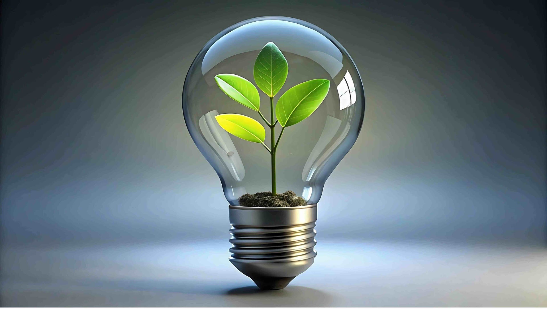 Symbolische Darstellung einer Pflanze in einer Glühbirne als Sinnbild für nachhaltige Energie, Innovation und kontinuierliche Weiterentwicklung