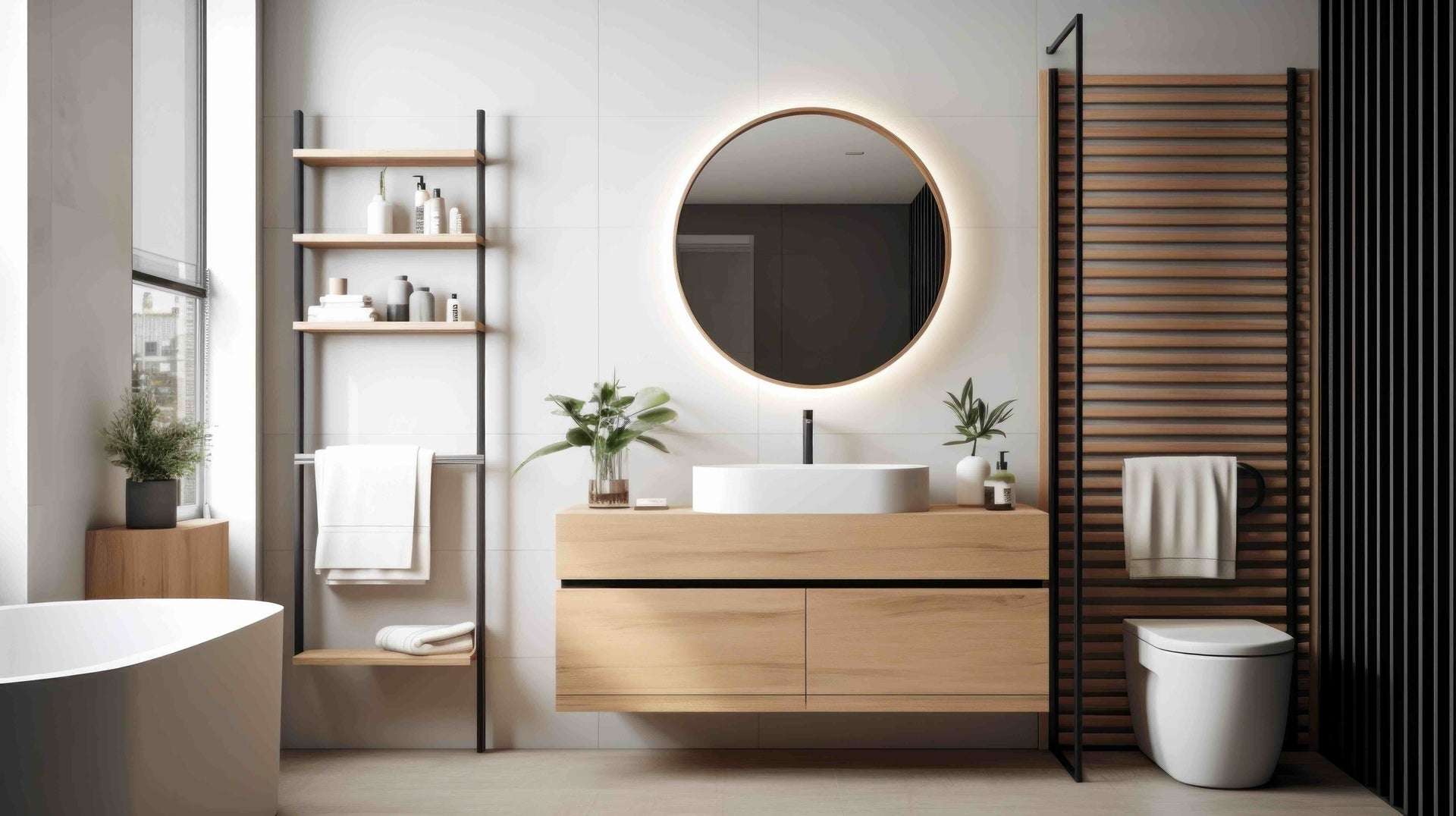 Hochwertig gestaltetes, modernes Badezimmer mit Holzwaschtisch, Aufsatzwaschbecken, rundem beleuchtetem Spiegel und klarer Linienführung – Beispiel für die handwerkliche Qualität, Designkompetenz und nachhaltige Badlösungen von ThermaSchick.