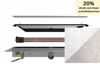 Duschrinne Joulia 3-Rohr für exklusive Bodenbeläge (37% Wirkungsgrad)