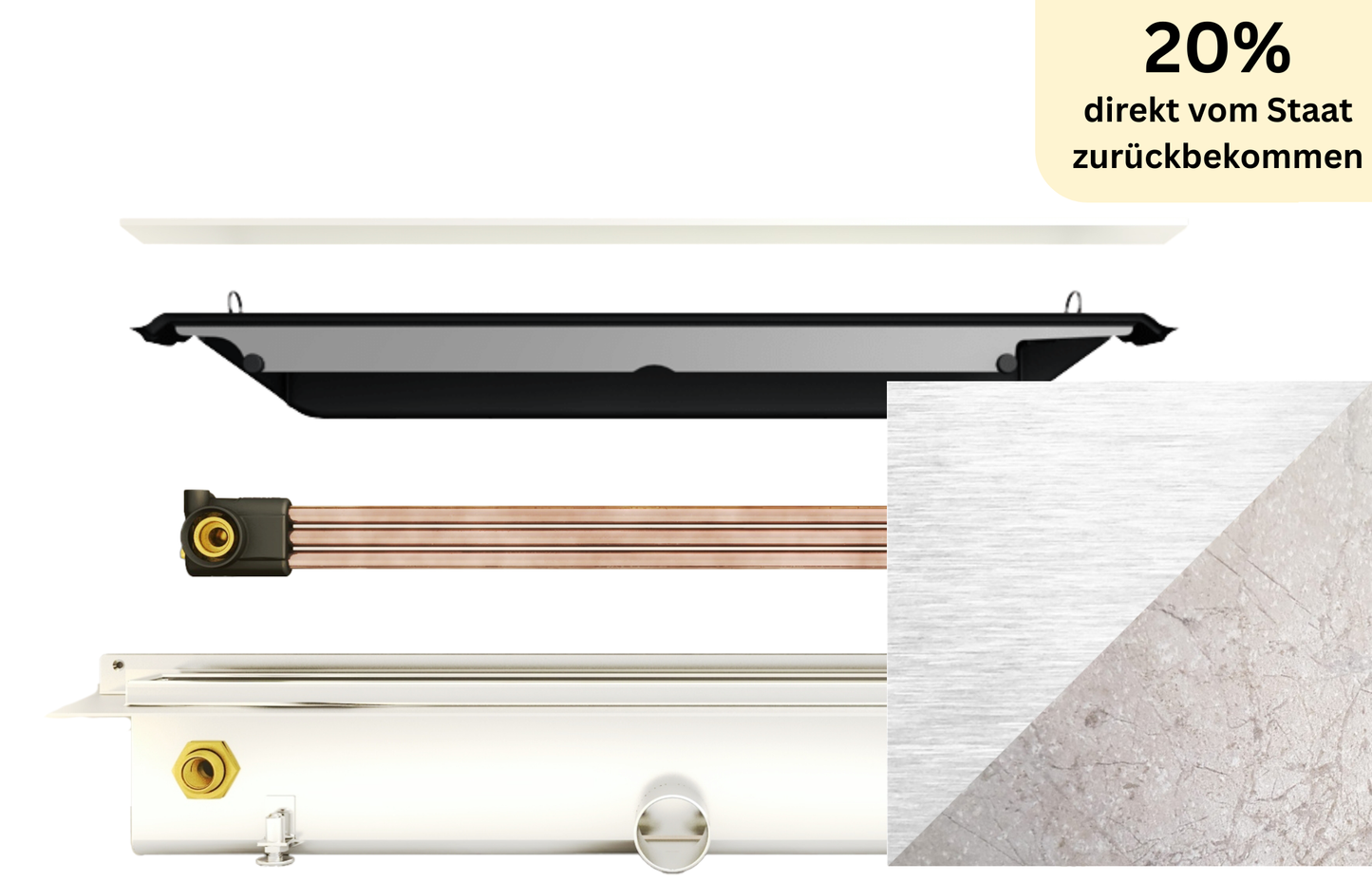 Duschrinne Joulia 3-Rohr für exklusive Bodenbeläge (37% Wirkungsgrad)