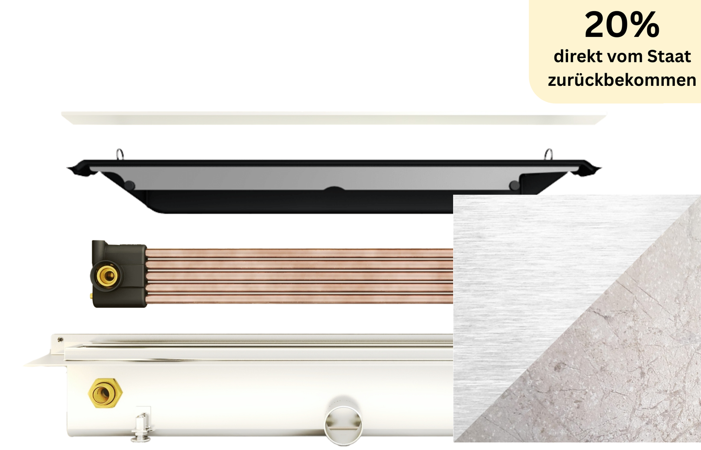 Duschrinne Joulia 5-Rohr für exklusive Bodenbeläge (49% Wirkungsgrad)