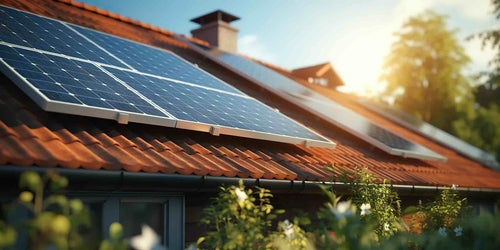 Solaranlage auf dem Dach eines Wohnhauses als Sinnbild für einen Unocconi Partner für Wärmerueckgewinnung beim Duschen.